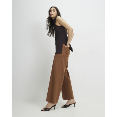Brown Faux Suede Cropped Seam Front Trousers
