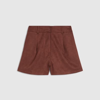 Brown Faux Suede Pleated Shorts