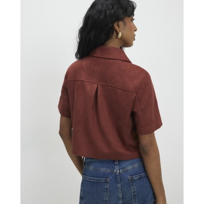 Brown Faux Suede Pocket Detail Shirt