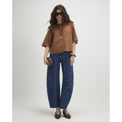 Brown Faux Suede Seam Detail T-Shirt