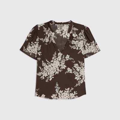 Brown Floral Print Short Sleeve Top