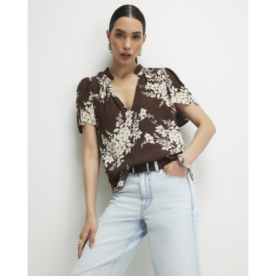 Brown Floral Print Short Sleeve Top