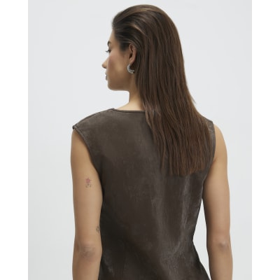 Brown Hammered Faux Leather Ruched Detail Top