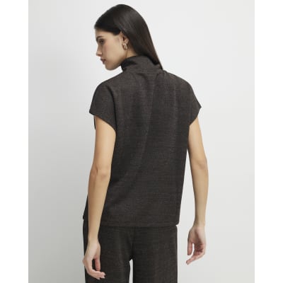 Brown High Neck Glitter Top