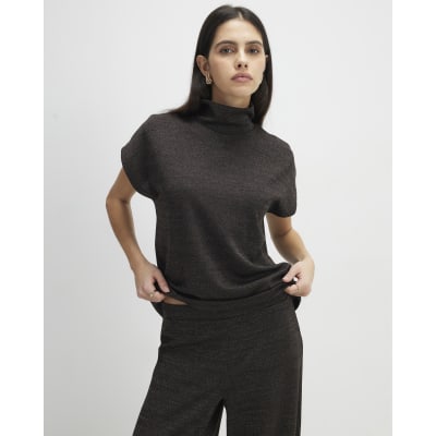 Brown High Neck Glitter Top