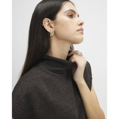 Brown High Neck Glitter Top