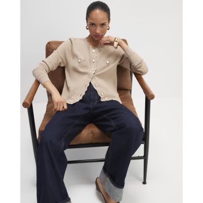 Brown Knit Fitted Scallop Trim Cardigan