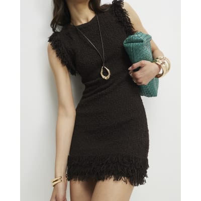 Brown Knitted Fringe Trim Mini Dress