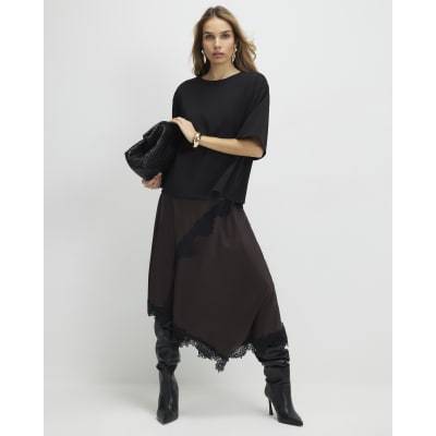 Brown Lace Hybrid T-Shirt Maxi Dress
