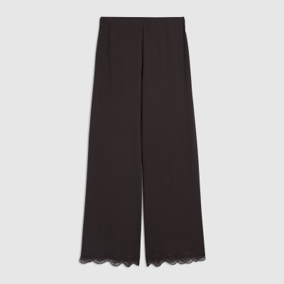 Brown Lace Trim Textured Wide Leg Trousers