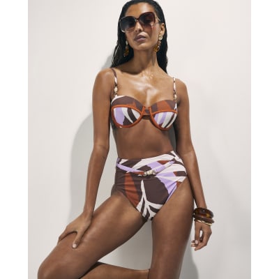 Brown Leaf Print Bikini Top
