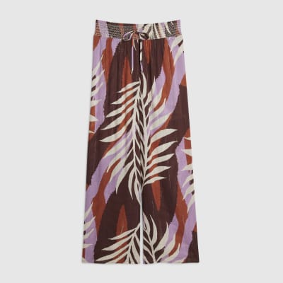 Brown Leaf Print Wide Leg Trousers