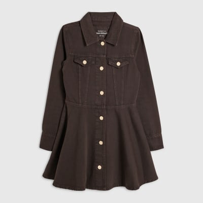 Brown Long Sleeve Button Up Denim Mini Dress
