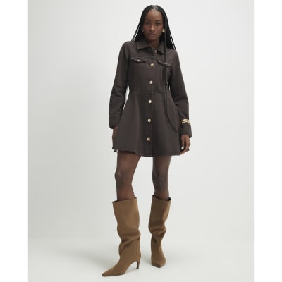 Brown Long Sleeve Button Up Denim Mini Dress