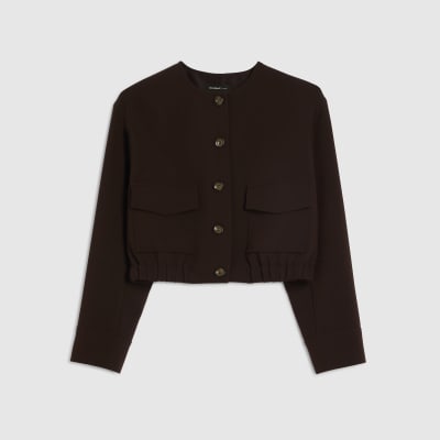 Brown Long Sleeve Front Pocket Bomber Jacket