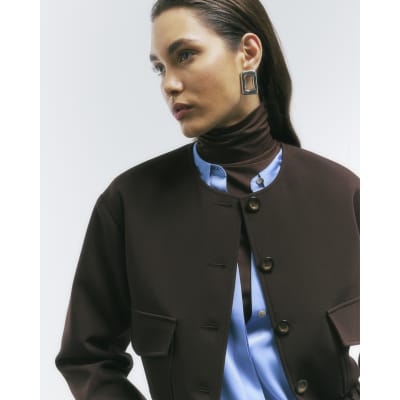 Brown Long Sleeve Front Pocket Bomber Jacket