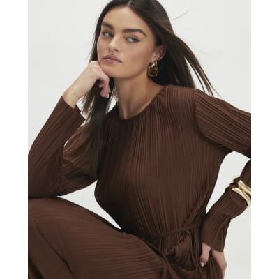 Brown Long Sleeve Plisse Belted Midi Dress
