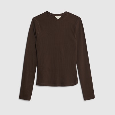 Brown Long Sleeve Ribbed Crew Neck Top