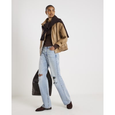 Brown Long Sleeve Ribbed Crew Neck Top