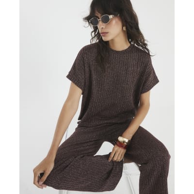 Brown Lurex Ribbed T-Shirt