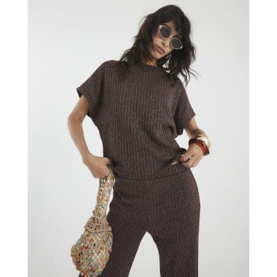 Brown Lurex Ribbed T-Shirt