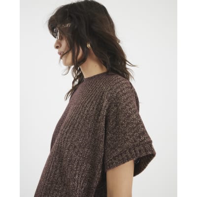 Brown Lurex Ribbed T-Shirt