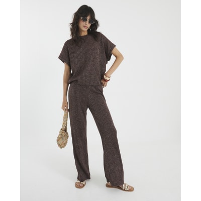 Brown Lurex Ribbed T-Shirt