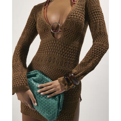 Brown Metallic Knit Mini Beach Dress