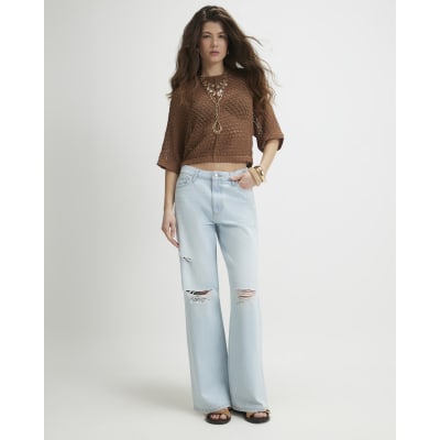 Brown Open Stitch Knitted T-Shirt
