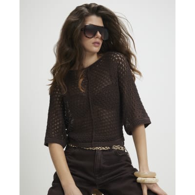 Brown Open Stitch Knitted T-Shirt