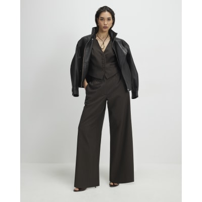 Brown Pinstripe Wide Leg Trousers