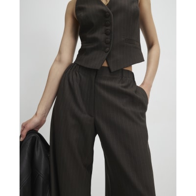 Brown Pinstripe Wide Leg Trousers