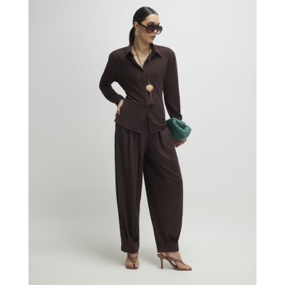 Brown Pleat Front Tapered Trousers