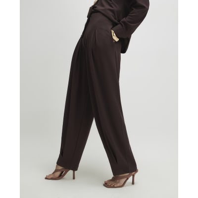 Brown Pleat Front Tapered Trousers