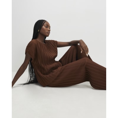 Brown Plisse Wide Leg Trousers