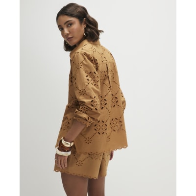 Brown Poplin Broderie Shirt