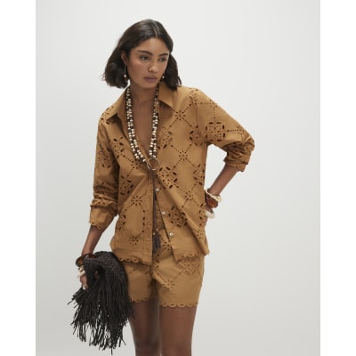Brown Poplin Broderie Shirt