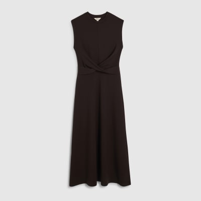 Brown Premium Twist Front Midi Dress