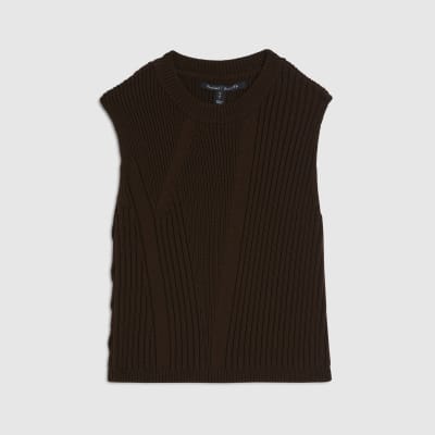 Brown Ribbed Knitted Tank Top