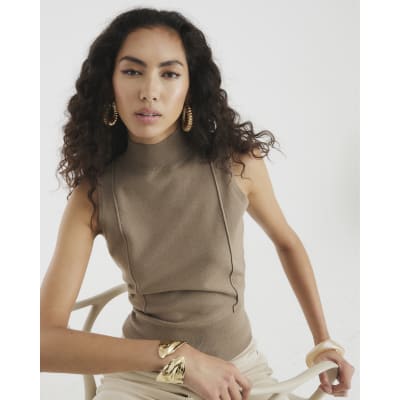 Brown Ribbed Roll Neck Sleeveless Top