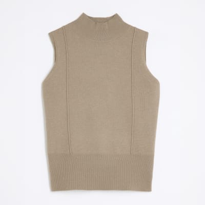 Brown Ribbed Roll Neck Sleeveless Top