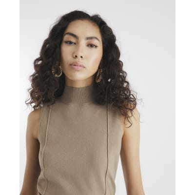Brown Ribbed Roll Neck Sleeveless Top