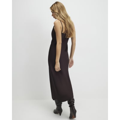 Brown Satin Cowl Neck Lace Trim Midi Dress