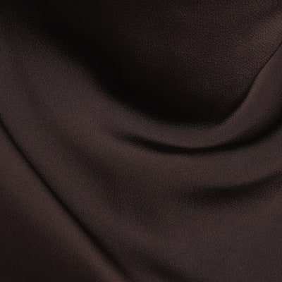 Brown Satin Cowl Neck Lace Trim Midi Dress
