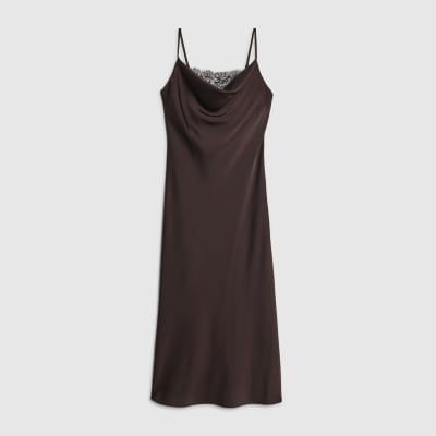 Brown Satin Cowl Neck Lace Trim Midi Dress
