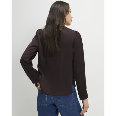 Brown Satin Long Sleeve Pleat Front Blouse