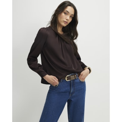 Brown Satin Long Sleeve Pleat Front Blouse