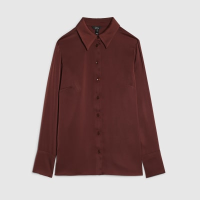 Brown Satin Long Sleeve Slim Fit Shirt