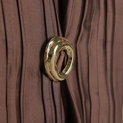 Brown Satin Plisse Gold Detail Top
