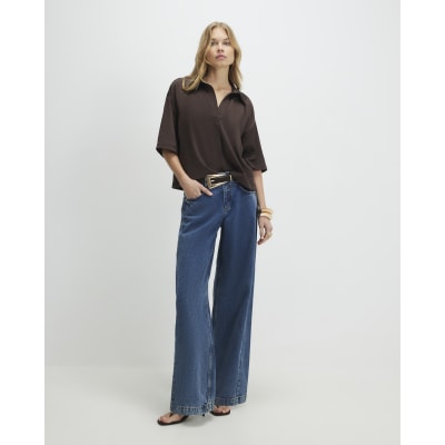 Brown Satin Short Sleeve Polo Top